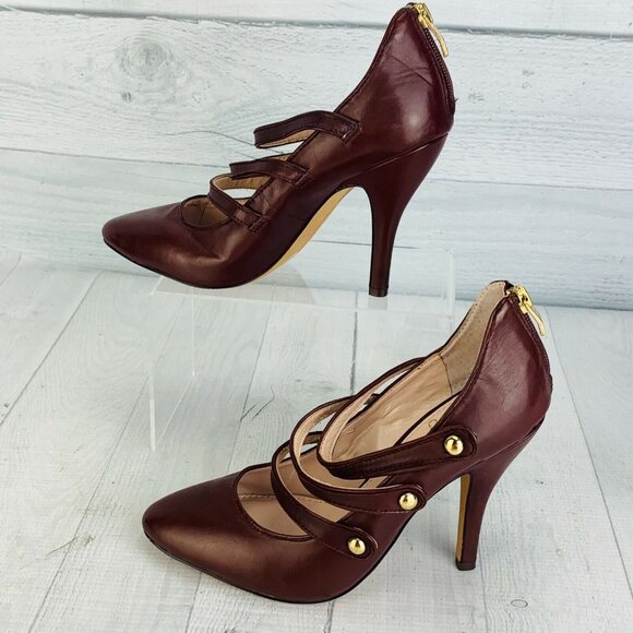 Vince Camuto JAMILY Triple Strap Back Zip Burgundy Leather High Heel Pump 6 M - Picture 5 of 10